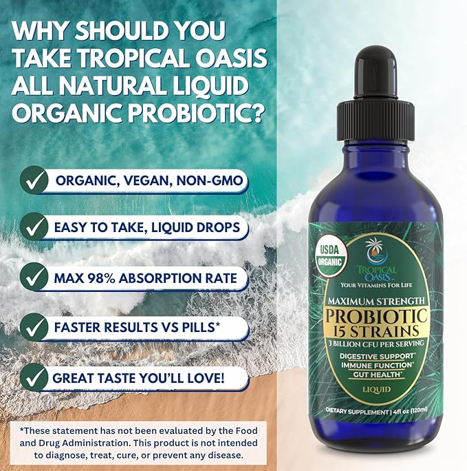 USDA Organic Liquid Probiotics for Men Women &amp Kids | 15 Clinically Studied Strains | Digestive Support Immune &amp Gut Health | Maximum Strength | 98% Absorption | Vegan Non-GMO | 40 Serv