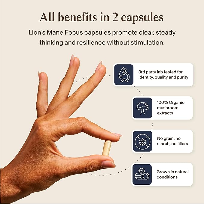 Real Mushrooms Lion’s Mane Focus Capsules (90 Count) – Organic Lions Mane Fruiting Body Extracts (3.3g Dried Equivalent) with 200mg Alpha GPC Choline for Mental Clarity &amp Daily Cognitive Function