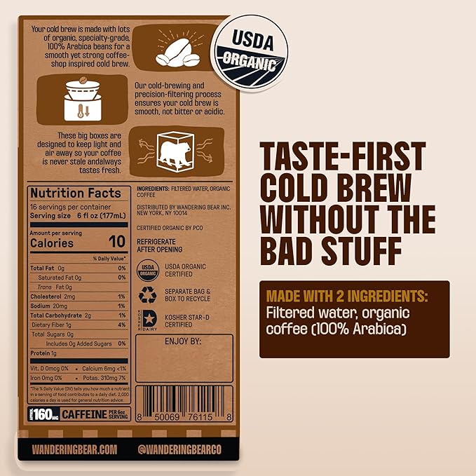 Wandering Bear Espresso Roast Organic Cold Brew Coffee On Tap Iced Coffee Drink - Extra Strong Smooth No Sugar Added Shelf-Stable Ready to Drink 100% Organic &amp Vegan - 16 Servings of 6fl.oz