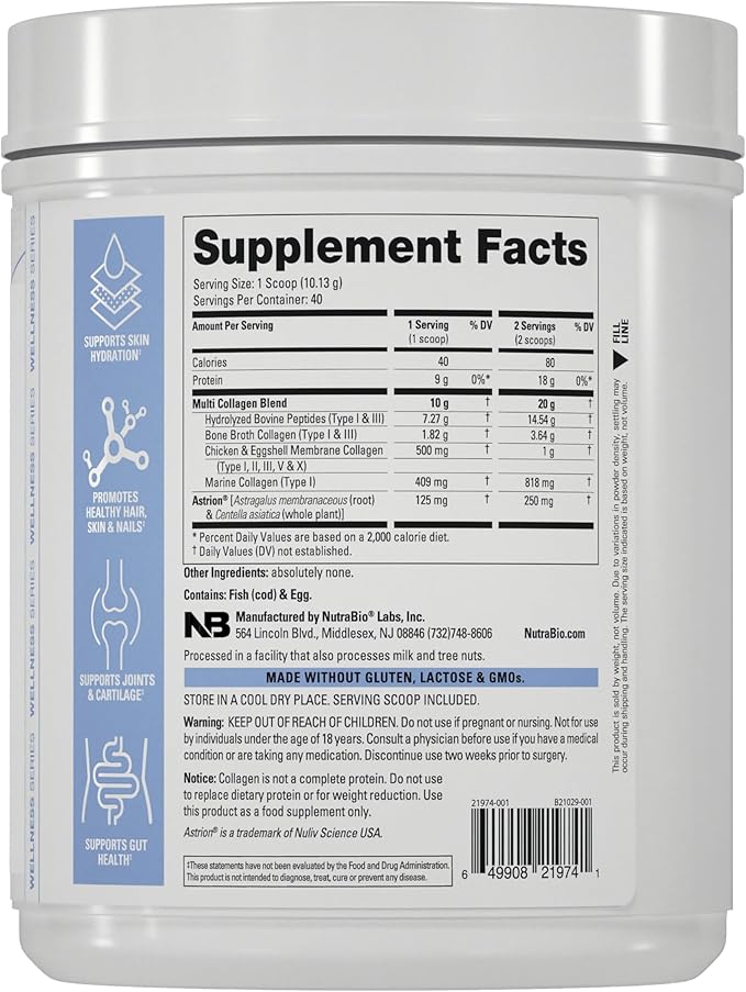 NutraBio Multi Collagen Powder - Hydrolyzed Collagen Peptides for Glowing Hair &amp Skin - Grass-Fed - Collagen Powder for Women and Men - 40 Servings