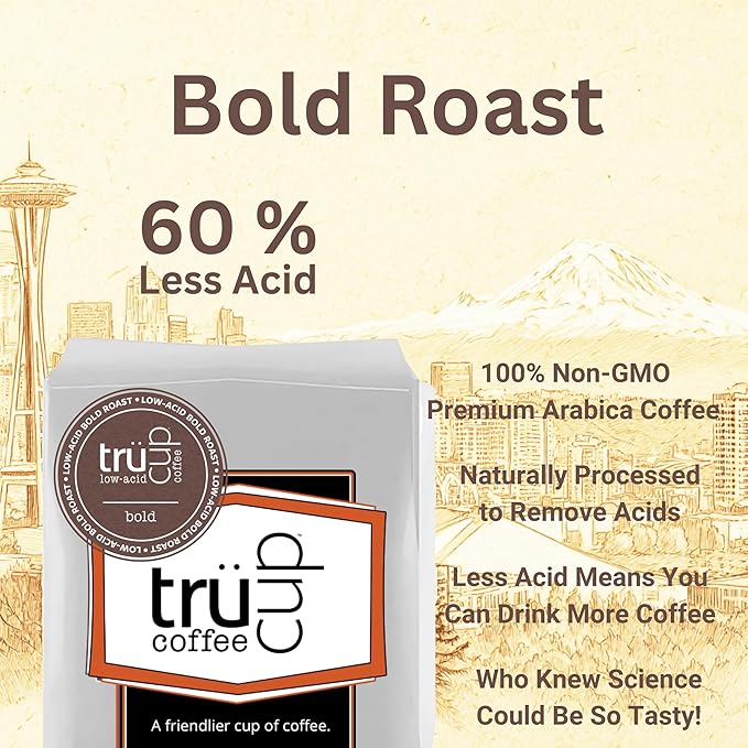 trücup Low Acid Coffee Ground Coffee Dark Roast - Drip Grind 2 LB Natural Water&ampSteam Process 60% Less Acid Smooth Flavor Stomach-Friendly Rich in Antioxidants