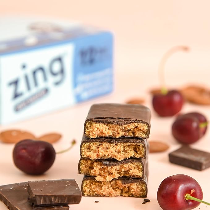 Zing Dark Chocolate Cherry Vegan Protein Bars Gluten Free with High Protein High Fiber Dairy Free Nutrition Bars Plant Based Protein Kosher Low Sugar No Sugar Alcohols - 12 count