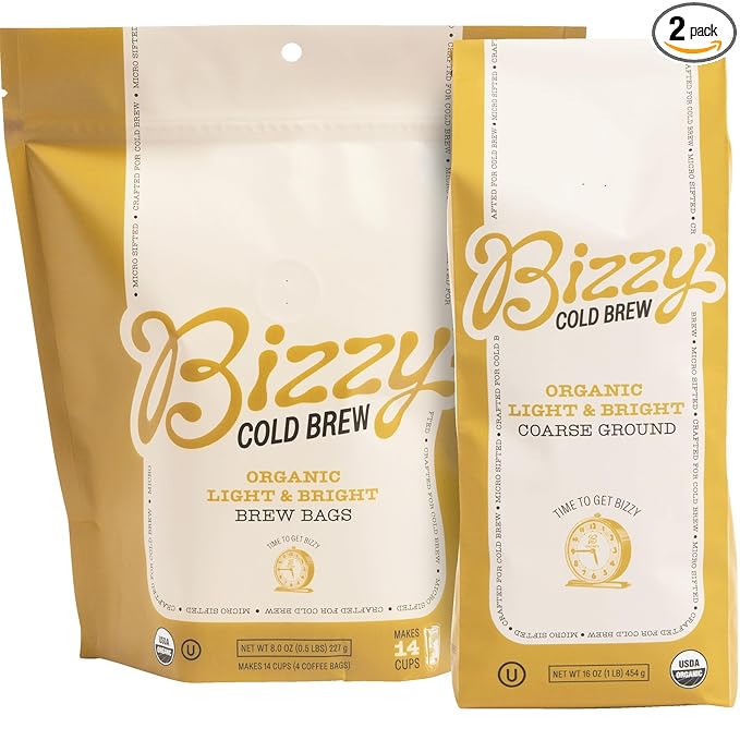 Bizzy Organic Cold Brew Coffee | Bundle | Coarse Ground Coffee | Light &amp Bright 1 LB + Light &amp Bright Brew Bags 4-count | 2 Pack