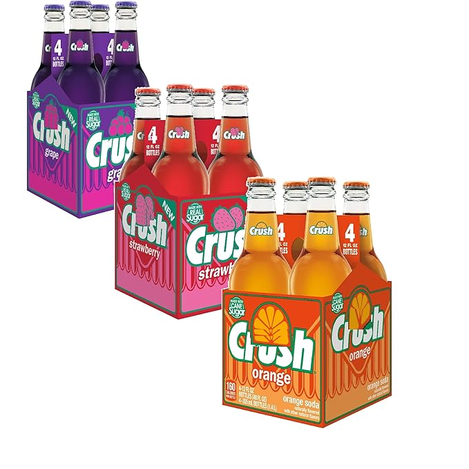 Cru$h Soda Variety Pack – Grape Strawberry &amp Orange – 12 fl oz Glass Bottles 4-Pack Each – Made with Real Cane Sugar – Classic Fruit Flavors – Refreshing Soft Drink Sampler total 12 bottles 4/Or