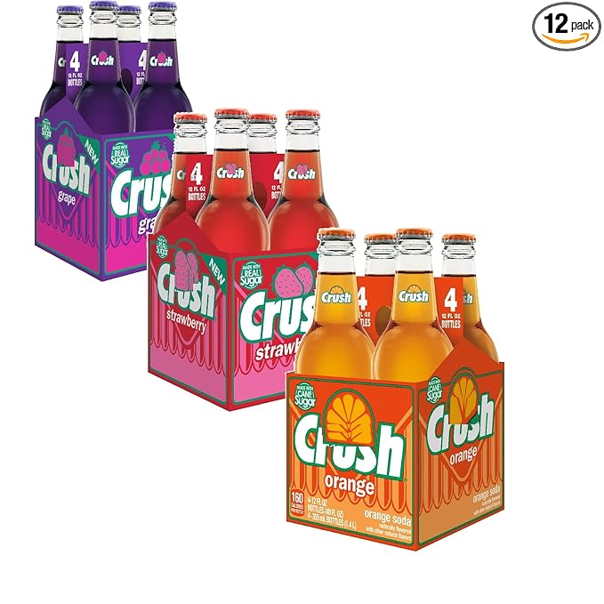 Cru$h Soda Variety Pack – Grape Strawberry &amp Orange – 12 fl oz Glass Bottles 4-Pack Each – Made with Real Cane Sugar – Classic Fruit Flavors – Refreshing Soft Drink Sampler total 12 bottles 4/Or