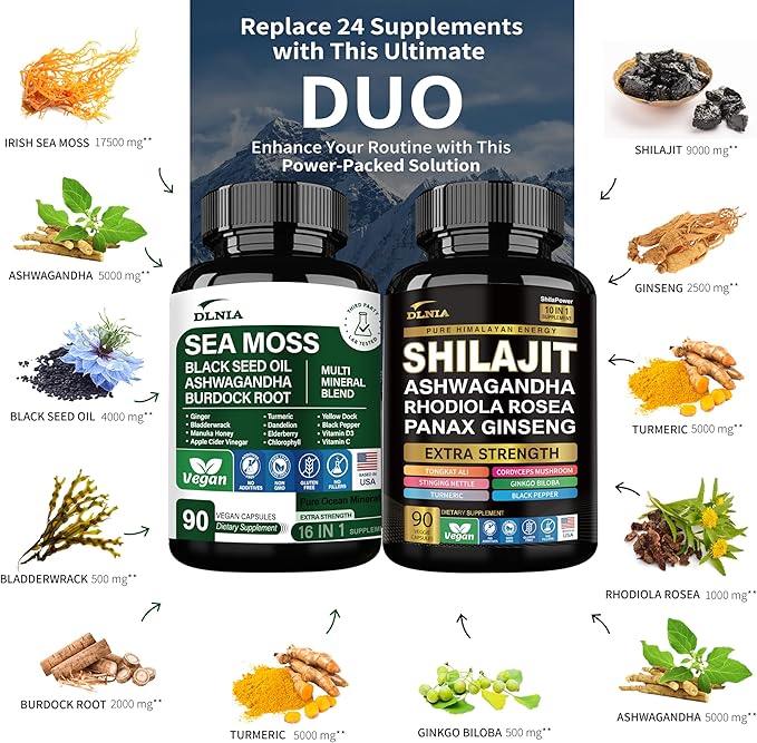 Shilajit 9000mg Sea Moss 17500mg Ginger &amp Black Seed Oil 4000mg Ashwagandha 5000mg Rhodiola Rosea 1000mg Panax Ginseng 1500mg All in 1 Supplement - Sea Moss &amp Shilajit Vitality Bundle