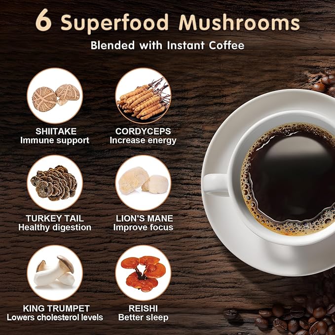 Mushroom Coffee 6 Adaptogenic Mushrooms with Lion's Mane Cordyceps Turkey Tail &amp More Instant Mushroom Coffee for Focus Energy Immune &amp Digestion Support