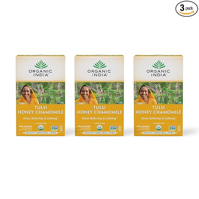 ORGANIC INDIA Tulsi Honey Chamomile Tea Bags - Herbal Tea for Stress Relieving &amp Calming USDA Certified Organic Caffeine Free - 18 Tea Bags 3 Pack