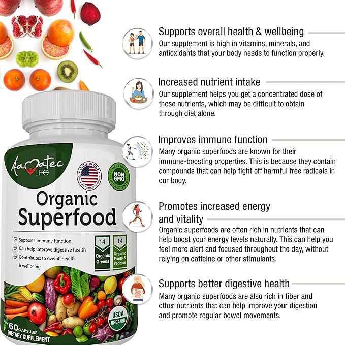 Organic Superfood Greens Fruits and Veggies Complex - Best Dietary Supplement with 14 Greens &amp14 Fruits &amp Vegetables with Alfalfa Rich in Antioxidants Organic Ingredients Non-GMO (180 Count Pa