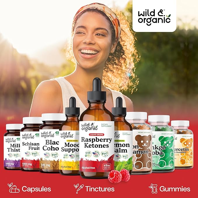 Wild &amp Organic Raspberry Ketones Liquid Drops - Vegan Raspberry Ketones Supplement for Overall Well-Being - 5-Month Supply - Non-GMO No Alcohol &amp Sugar - 4 fl oz