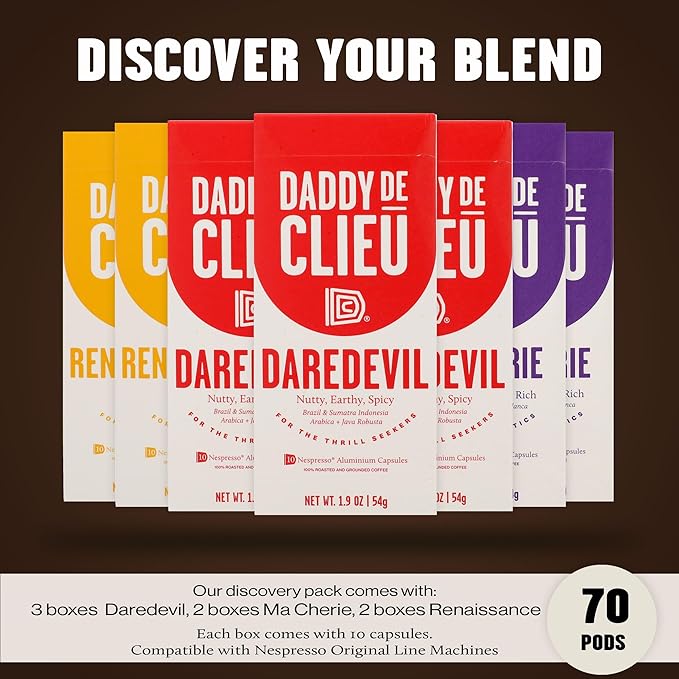 Daddy De Clieu Coffee Pods Discovery Pack Medium to Dark Roast Arabica and Robusta Compatible with Nespresso Original Line Machines Recyclable Aluminum Capsules 70 Count