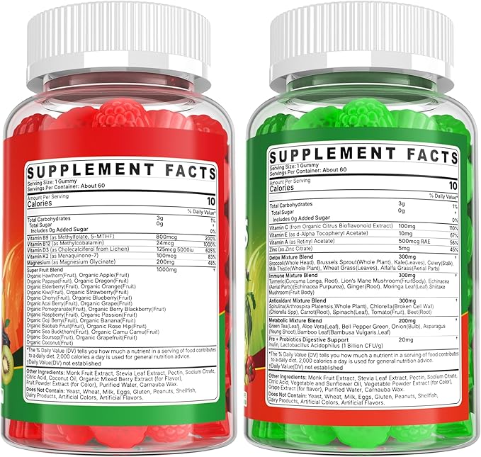 Super Greens Gummies Daily Green Superfood Supplement w/Spirulina Chlorella Mushrooms Probiotics Multivitamins 50+ Super Greens &amp Veggies Gummies to Boost Immunity Energy &amp Gut Health