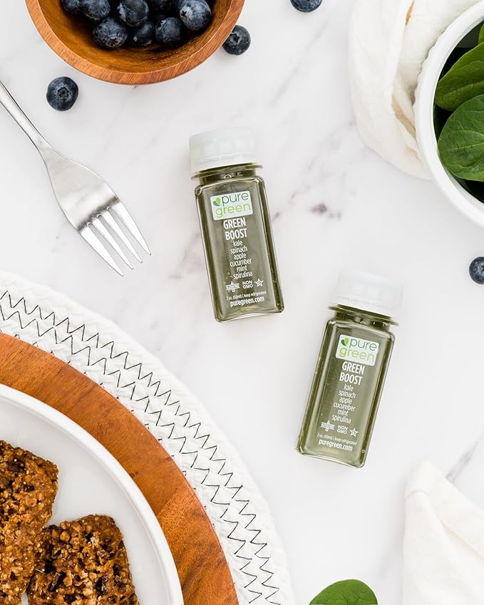 Pure Green Cold Pressed Shots - Green Boost - Fresh Functional Blend with Ginger &amp Lemon - Natural Gluten Free Non-GMO No Artificial Colors or Flavors - Made from Real Fruits &amp Veggies - 2o