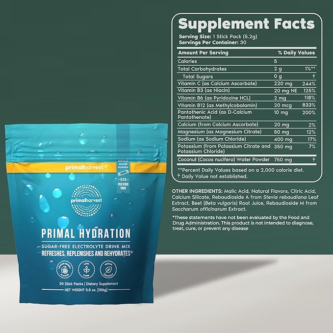 Primal Harvest Electrolytes Powder Packets Primal Hydration Easy Open Packets Energy Drink Mix (Lemon Berry 30 Packs) (1 Bag)