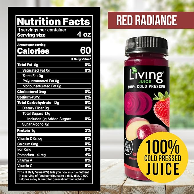 O2 Living Juice Cold Pressed Drink - Red Radiance Organic Juice Pack - No Added Sugar or Water Naturally Sweetened from Fruits Rich in Nutrients &amp Vitamins - Refreshing &amp Non-GMO - 4 fl oz