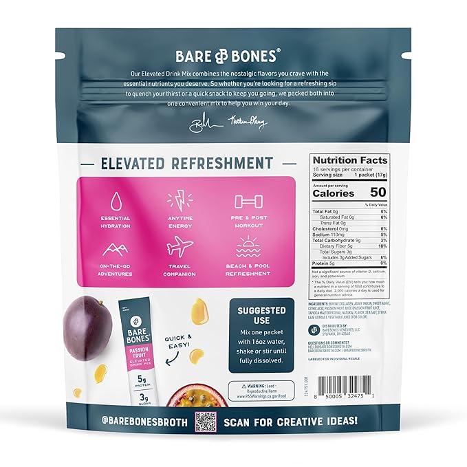 Bare Bones Passion Fruit Elevated Drink Mix | Light &amp Flavorful | Gluten-Free &amp Naturally Sweetened | On-the-Go Stick Single-Serve Packs Powdered Refreshment | 5g Protein | 16 Packets (.60 oz)