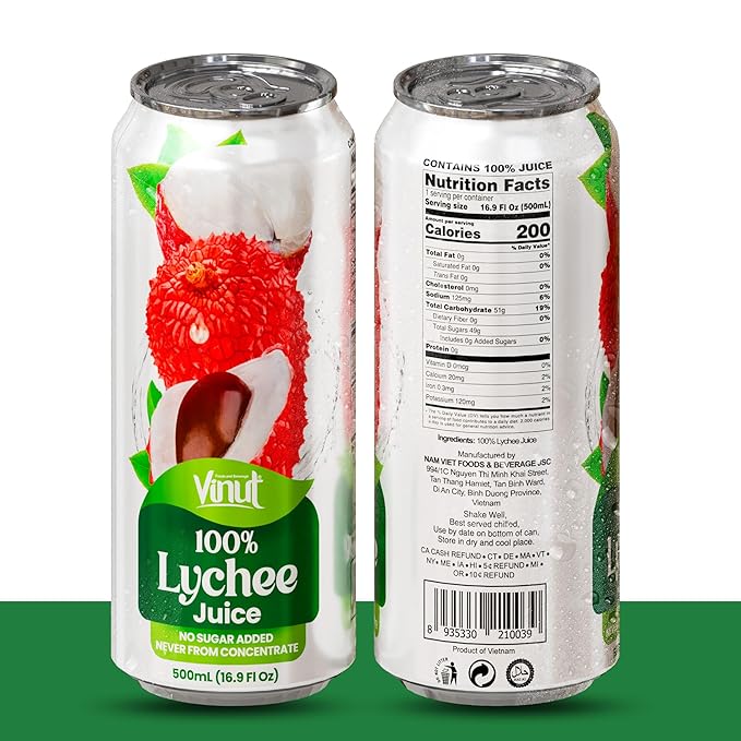 VINUT 100% Lychee Juice No Added Sugar Not From Concentrate 16.9 fl oz (500 mL) Can Pack of 6
