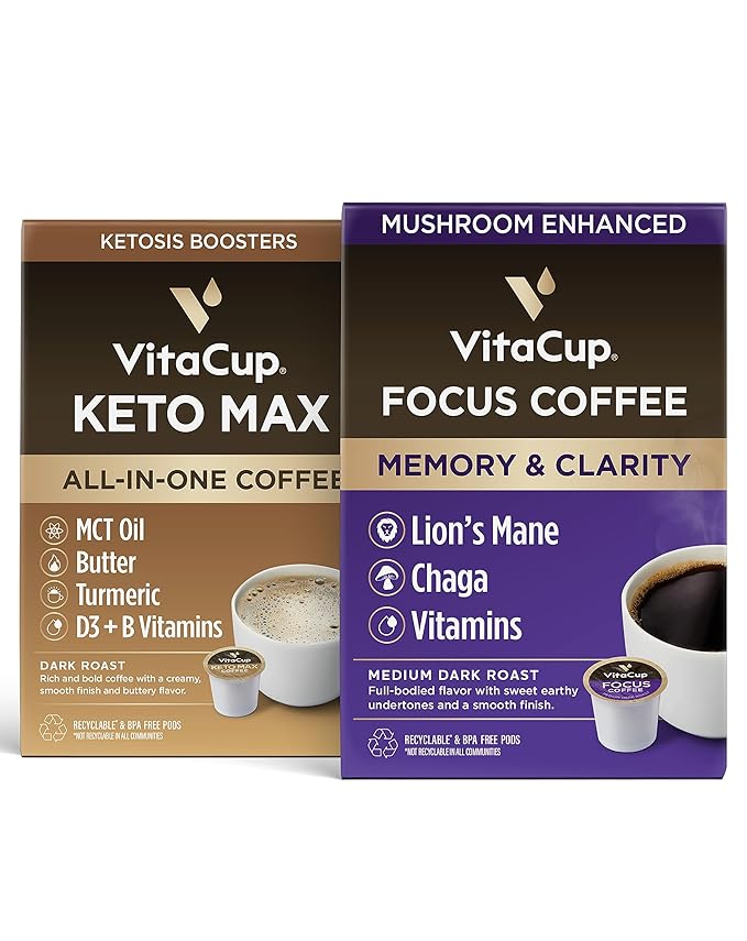 VitaCup Keto Max &amp Focus Mushroom Coffee Pods 34 ct Bundle Vitamin infused Single Serve Pods Compatible with K-Cup Brewers Including Keurig 2.0