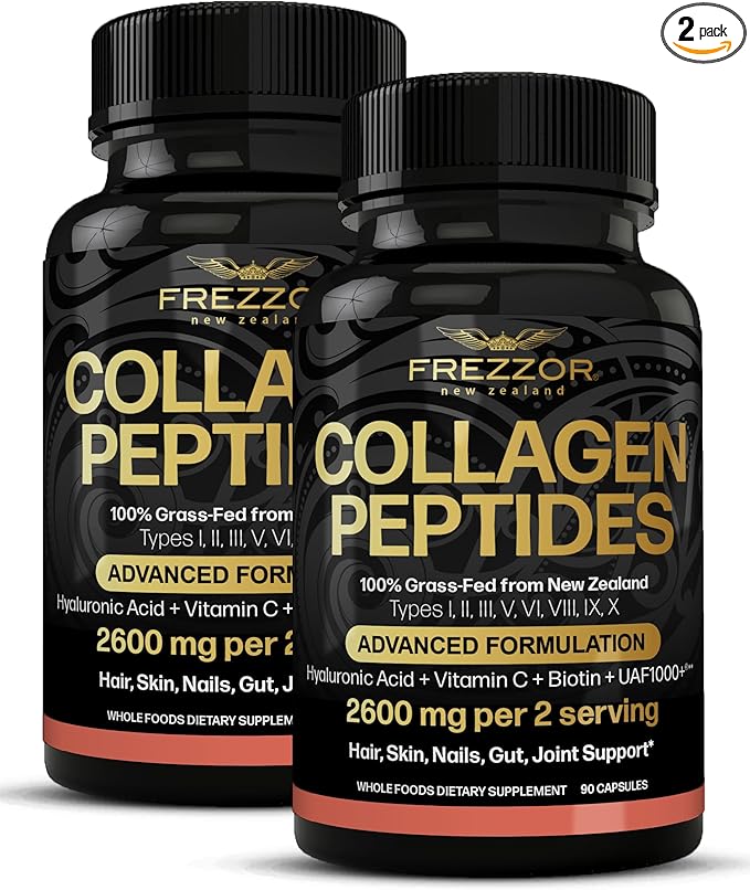 FREZZOR Collagen Peptides with UAF1000+ 100% Grass-Fed New Zealand Cattle Source Hydrolyzed Joint Skin Hair &amp Nail Support Amino Acids Anti-Aging 180 Capsules 2 Bottles
