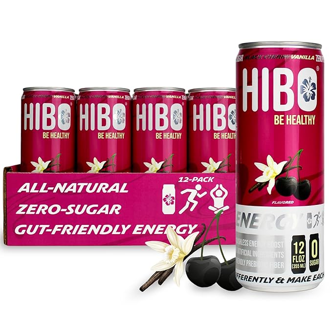 HIBO Healthy Energy Drinks Sugar Free – Gluten-Free &amp Gut-Friendly Prebiotic Fiber w/140mg Caffeine &amp 60mg Green Coffee Extract Electrolytes – For Immunity &amp Focus - Pack of 12 Black Che