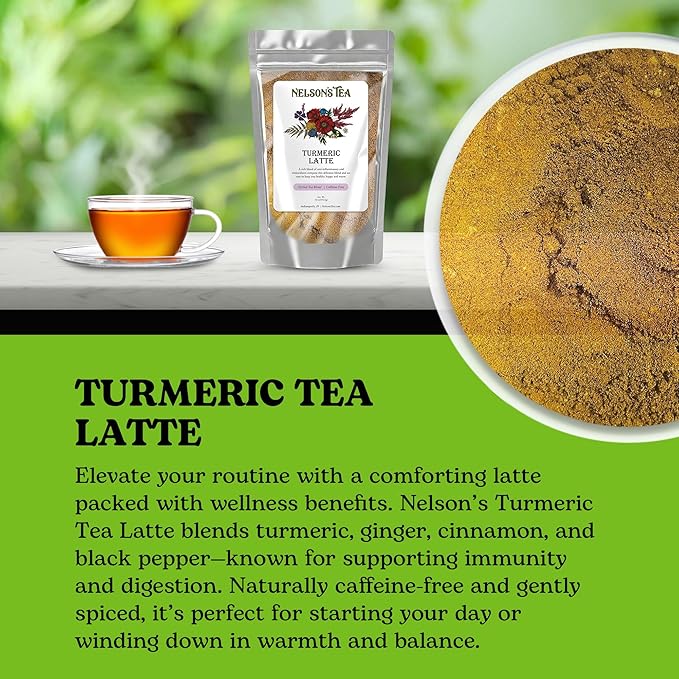 Nelson's Tea - Caffeine Free Turmeric Tea Latte - Mix of Turmeric Cinnamon Ginger Clove Nutmeg and Black Pepper 16 oz