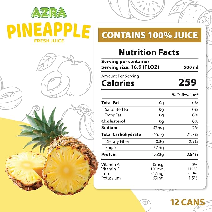 AZRA 100% Pineapple Juice – Fresh Organic Pineapple Taste in 500ml Cans – Zero Sugar Drinks Healthy Beverages Variety Pack for Kids and Adults – Bulk 100% Juice 12 Pack