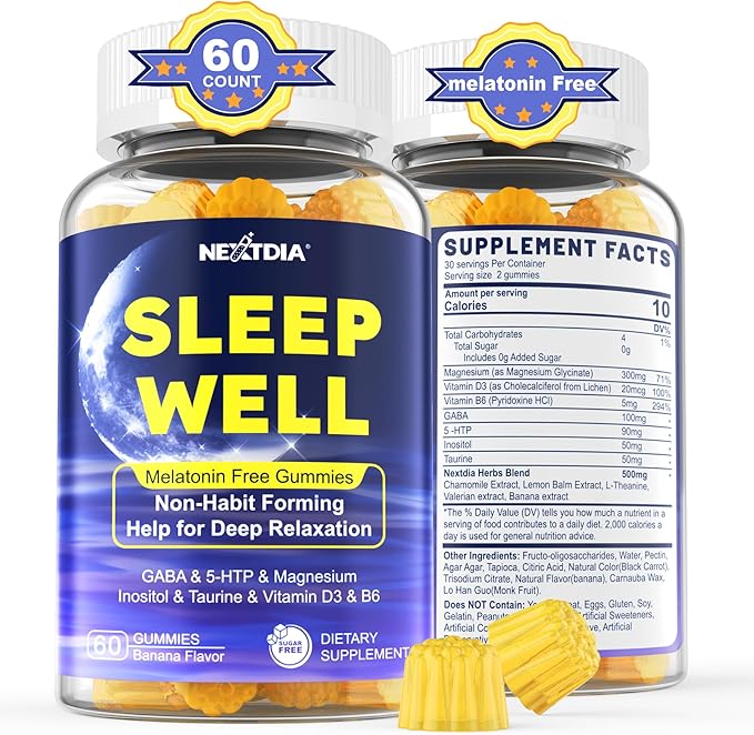 Melatonin Free Sleep Gummies with Magnesium Glycinate GABA 5-HTP L-Theanine Valerian Chamomile Lemon Balm Vitamin D3 &amp B6 - Hormone &amp Drug- Free Non-Habit FormingSugar Free