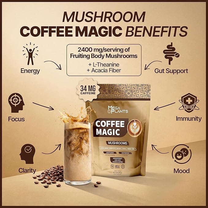 MegaPlants Mushroom Coffee Magic - Low Acid Arabica Coffee with Lion’s Mane Cordyceps Reishi Chaga &amp Turkey Tail | 2400mg Adaptogenic Mushroom Blend with L-Theanine | Smooth Energy Clarity &am