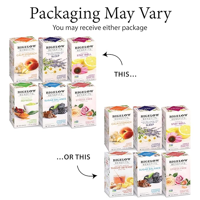 Bigelow Benefits Wellness Teas Variety Pack Mixed Caffeinated Green Matcha &amp Caffeine-Free Herbal Tea 18 Count (Pack of 6) 108 Total Tea Bags (Packaging May Vary)