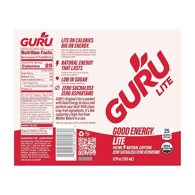 GURU Lite Organic Energy Drinks Clean Energy Drink with Plant Based Natural Caffeine from Green Tea Low Calorie Gluten Free and Vegan 140MG Caffeine Healthy Drinks 12oz (Pack of 12)