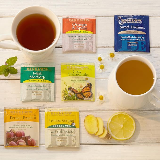 Bigelow Tea Caffeine Free 6 Flavor Herbal TeaVariety Pack DecafTea with Mint Medley Cozy Chamomile Orange and Spice Sweet Dreams Perfect Peach and Lemon Ginger 118 Count (Pack of 12)
