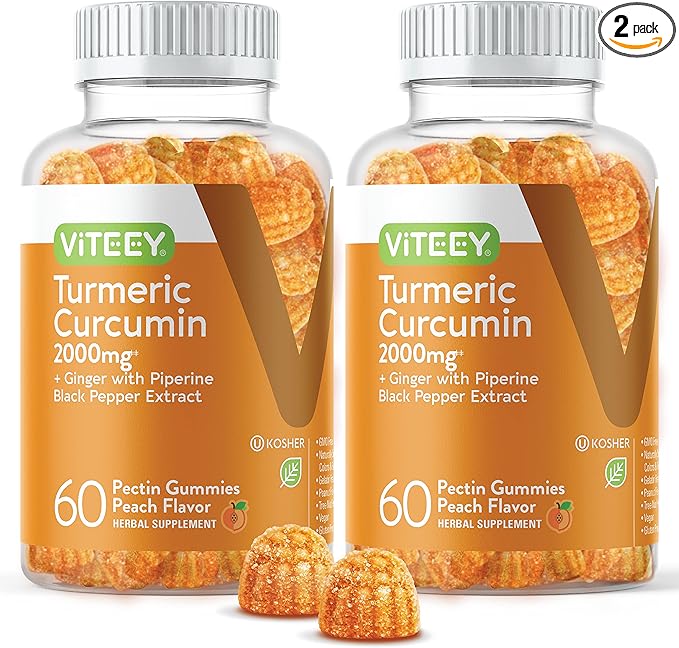 Turmeric Curcumin Gummies with Ginger &amp Black Pepper Herbal Supplement 2000mg Immune Support Healthy Skin and Joint Health Vegan Pectin Based for Adults and Teens - Chewable Peach Flavor(2P