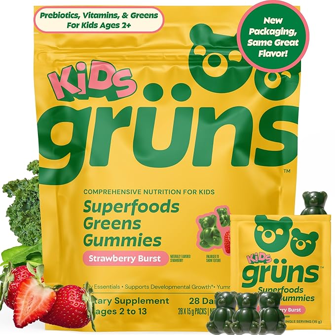 Gruns Multivitamin for Kids Super Greens Gummies Superfood Gummy Bears with 20+ Vitamins &amp Minerals Spirulina Chlorella Alfalfa Prebiotics Fiber for Digestive Health Adaptogens Supplement