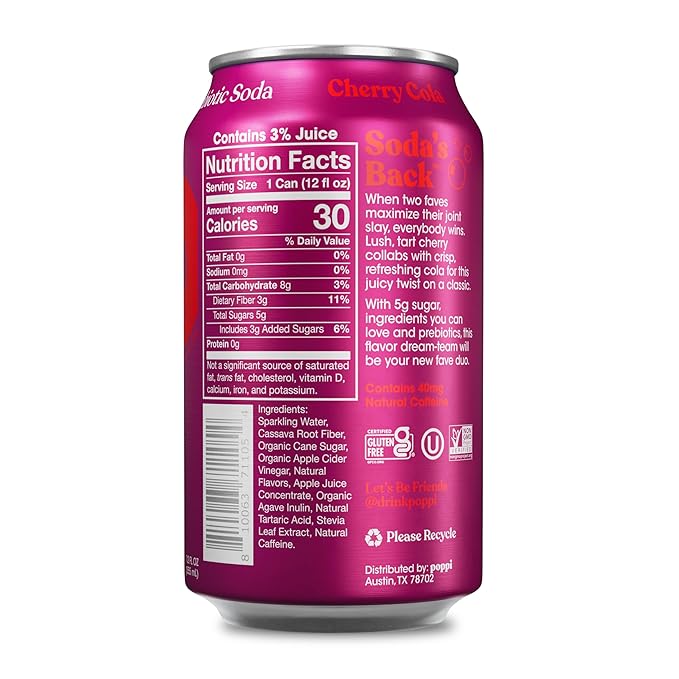 Poppi Sparkling Prebiotic Soda Beverage with Apple Cider Vinegar Seltzer Water and Fruit Juice Cherry Cola Flavor 12 oz Pack of 12 Packaging May Vary.