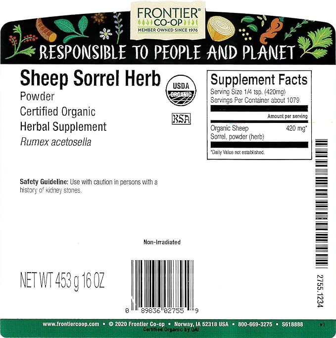 Frontier Co-op Organic Sheep Sorrel Powder 1lb Bulk Bag - Natural Herbal Powder with Sharp Tangy Flavor for Herbal Teas and Essiac Blends Kosher