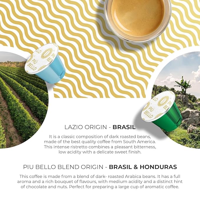 Piu Bello Espresso Coffee Pods – Variety Pack for Nespresso Original Machines – Light Roast Dark Roast Chocolate Nutty Caramel – Kosher Rich &amp Balanced (120 Count 6 Flavors)