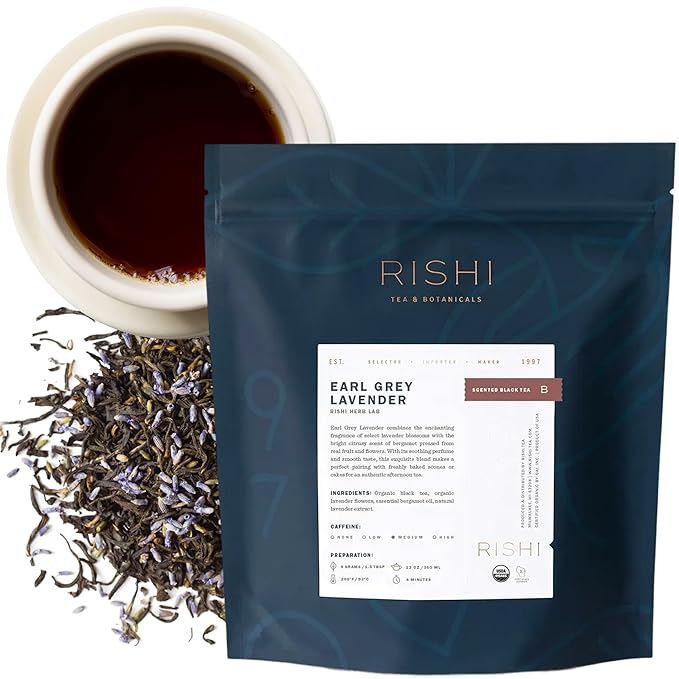 Rishi Tea Earl Grey Lavender Loose Leaf Pure Black Tea - Organic with Bergamot Oil and Lavender Flowers Energizing &amp Caffeinated - 16 Ounces 50+ Servings