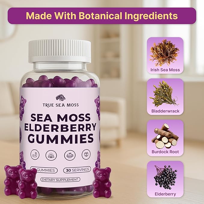 TrueSeaMoss Sea Moss Gummies with Elderberry Burdock Root &amp Bladderwrack – for Adults &amp Kids 4+ – Fruity Flavor – 60 Gummies