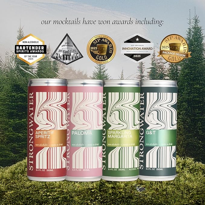 Strongwater Mocktail Variety Pack - 12 Pack Cans (8.4 Fl Oz Each) - Premium Non Alcoholic Drinks - Ready to Drink Alcohol Free Drinks Including Aperitif Spritz Paloma G&ampT Margarita