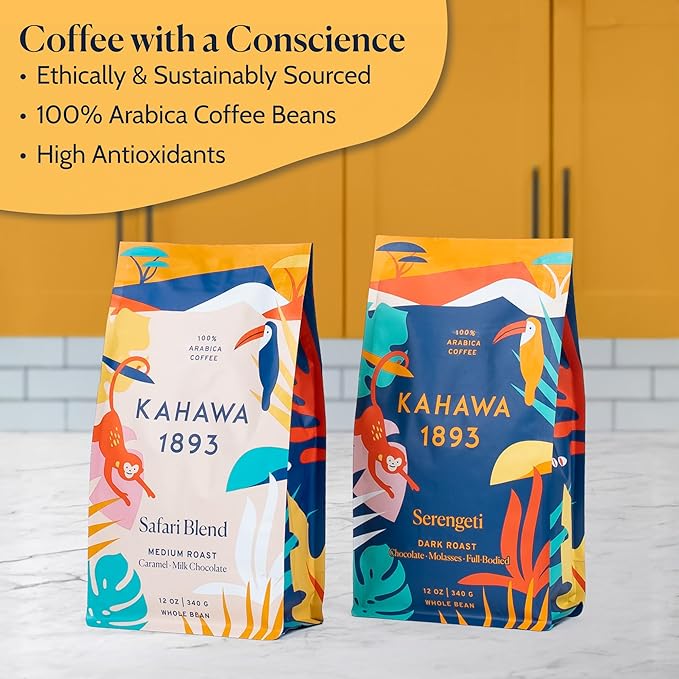 Kahawa 1893 Whole Bean Coffee Combo Pack Safari &amp Serengeti Blend (12 Oz x 2) - As Seen on Shark Tank High Antioxidants Naturally Sweet Organically Grown Ethically &amp Sustainably Sourced
