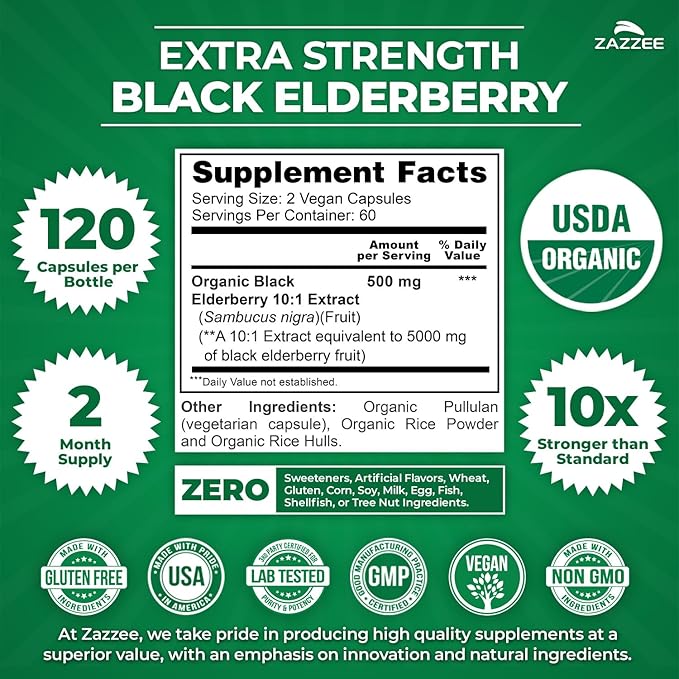 Zazzee USDA Organic Black Elderberry 10:1 Extract 120 Vegan Capsules 2 Month Supply Sambucus Nigra Antioxidant &amp Immune Support Concentrated 10X Extract All-Natural Non-GMO Made in the USA