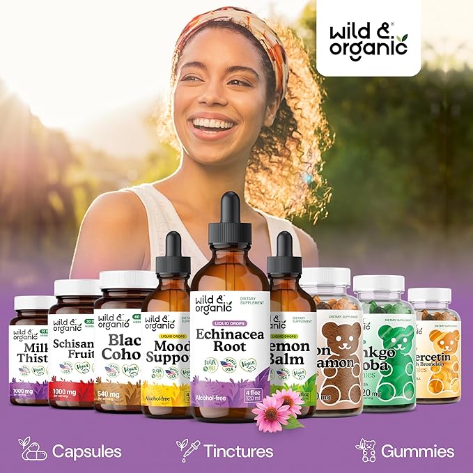 Wild &amp Organic Echinacea Drops - Immune Support Supplement with Echinacea Angustifolia - Liquid Root Extract Tincture - Vegan Sugar &amp Alcohol-Free - 4 fl oz