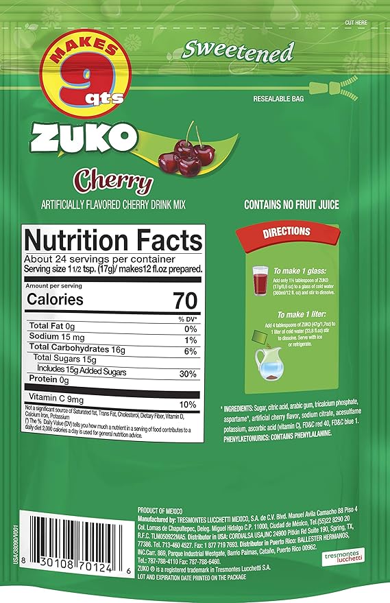 Zuko Cherry Instant Powder Drink | Family Pack | No Sugar Needed | Vitamin C | 14.1 Ounce (Pack of 6)