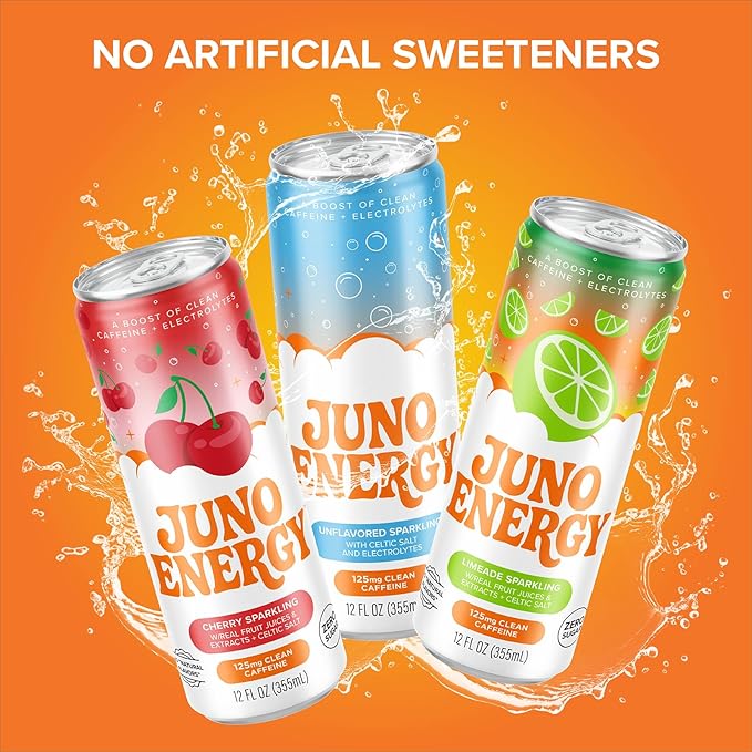 JUNO ENERGY Variety Pack - Sugar Free Electrolytes 125mg Organic Caffeine from Green Coffee Beans Hydrating with Stevia Sweetener Organic Lime &amp Cherry Juice - Vegan Gluten Free 12 Pack