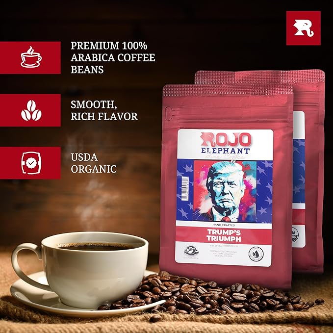 Rojo Elephant Handcrafted Ground Coffee 100% Arabica Beans 11 0z Bags Pack of 2 Trump's Triumph Washington Original Legacy Blend