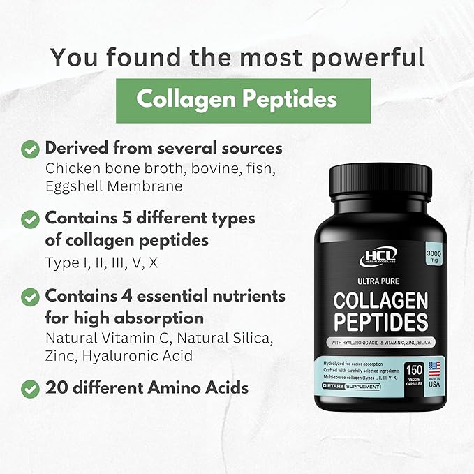 HCL HERBAL CODE LABS Collagen Peptides Powder with Vitamin C &amp Hyaluronic Acid - Cleanest Sources &amp Super High Absorption - Hydrolyzed Multi Type I II III V X - Skin Hair Supplement (Capsu