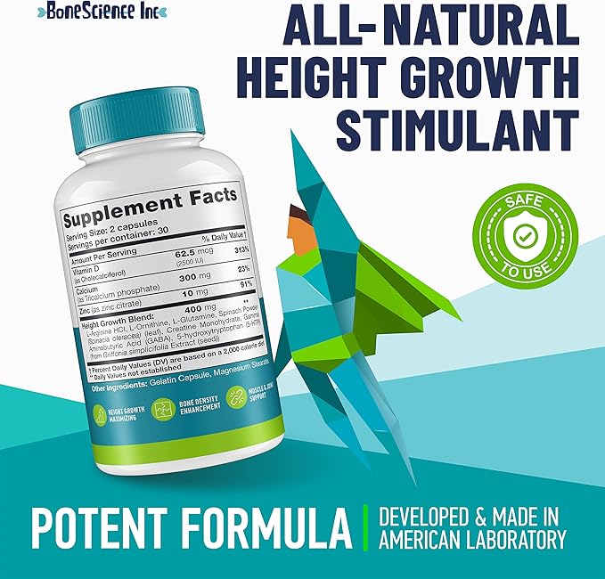 Height Growth Maximizer - Made in USA - Natural Height Increase Booster &amp Bone Growth Pills - Grow Taller Supplement for Adults Teens &amp Kids - Vitamins for Boys &amp Girls to Get Taller