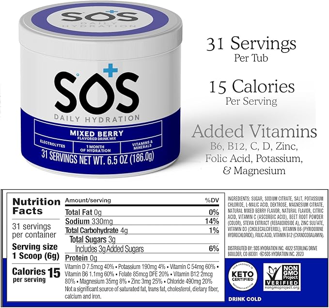 SOS Hydration Electrolyte Powder Drink Mix – Mixed Berry 31 Servings | Low Sugar Electrolytes 15 Cal | Keto Hydration Powder for Rapid Rehydration