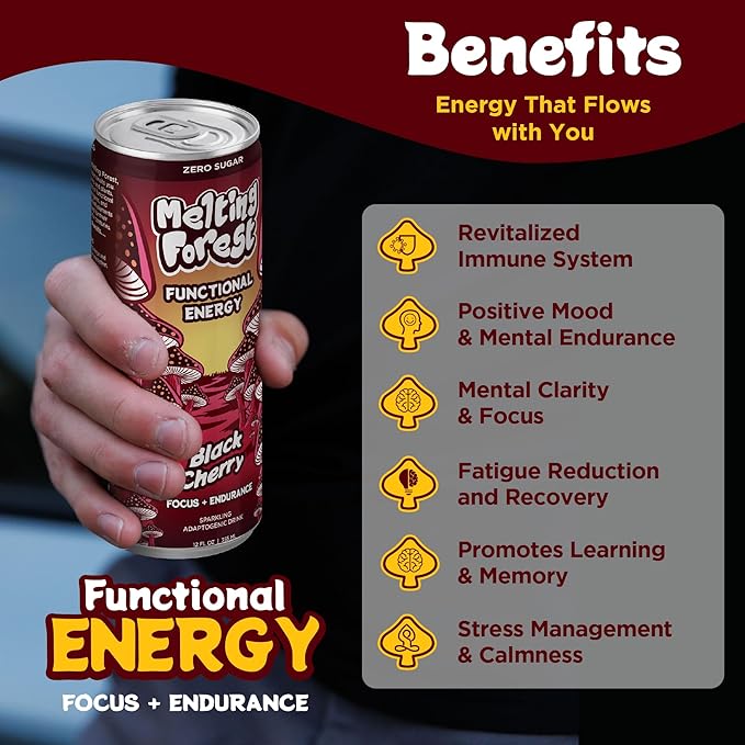 Melting Forest Mushroom Energy Drink Cordyceps &amp Lion's Mane 150mg of Caffeine Energy &amp Focus Cognitive Function &amp Mental Clarity Black Cherry (12 Pack)