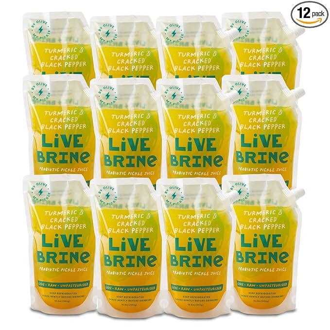 Olive My Pickle Probiotic Pickle Juice - 234 Ounces | 12-Pack of Live Brine Turmeric &amp Cracked Black Pepper Pickle Juice | Contains Natural Probiotics for Gut Health - Perfect for Pickle Shots Sa